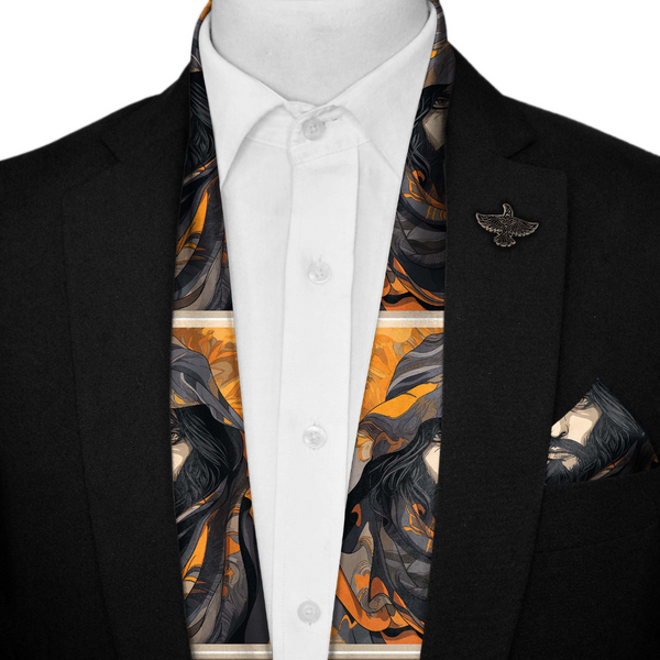 ANGRY MAN SILK SCARF WITH LAPEL PIN AND  POCKET SQUARE Black Wolf