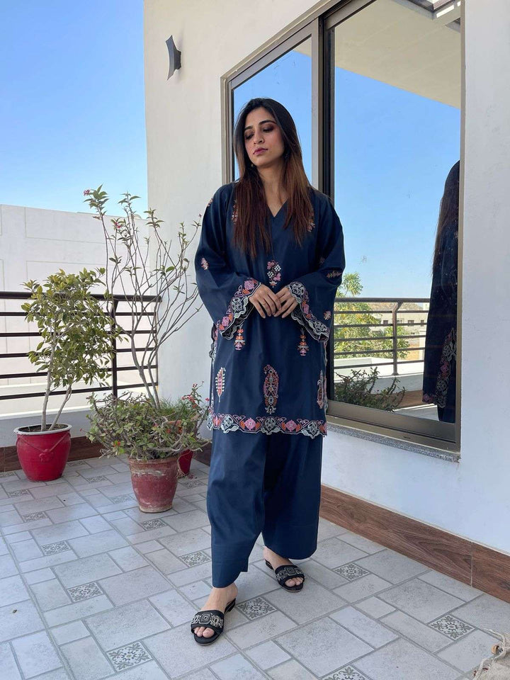 2 Piece Cotton Satin Embroidered Co- Ord Set with Farshi Shalwar