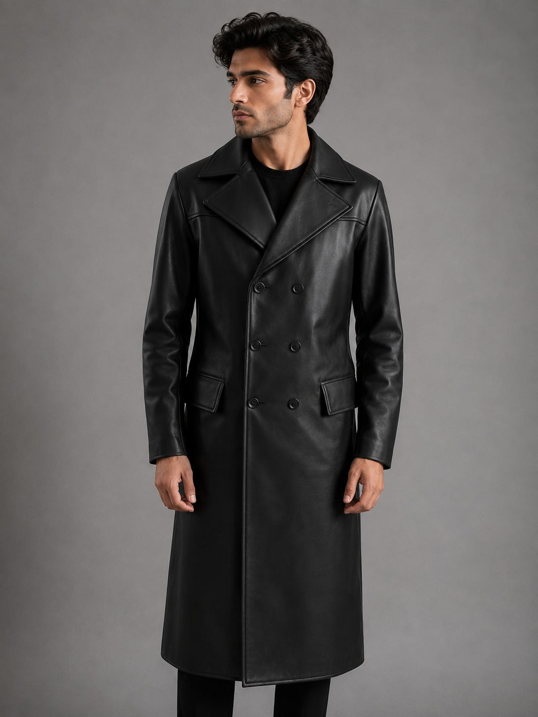 Black Leather Double Breasted Coat