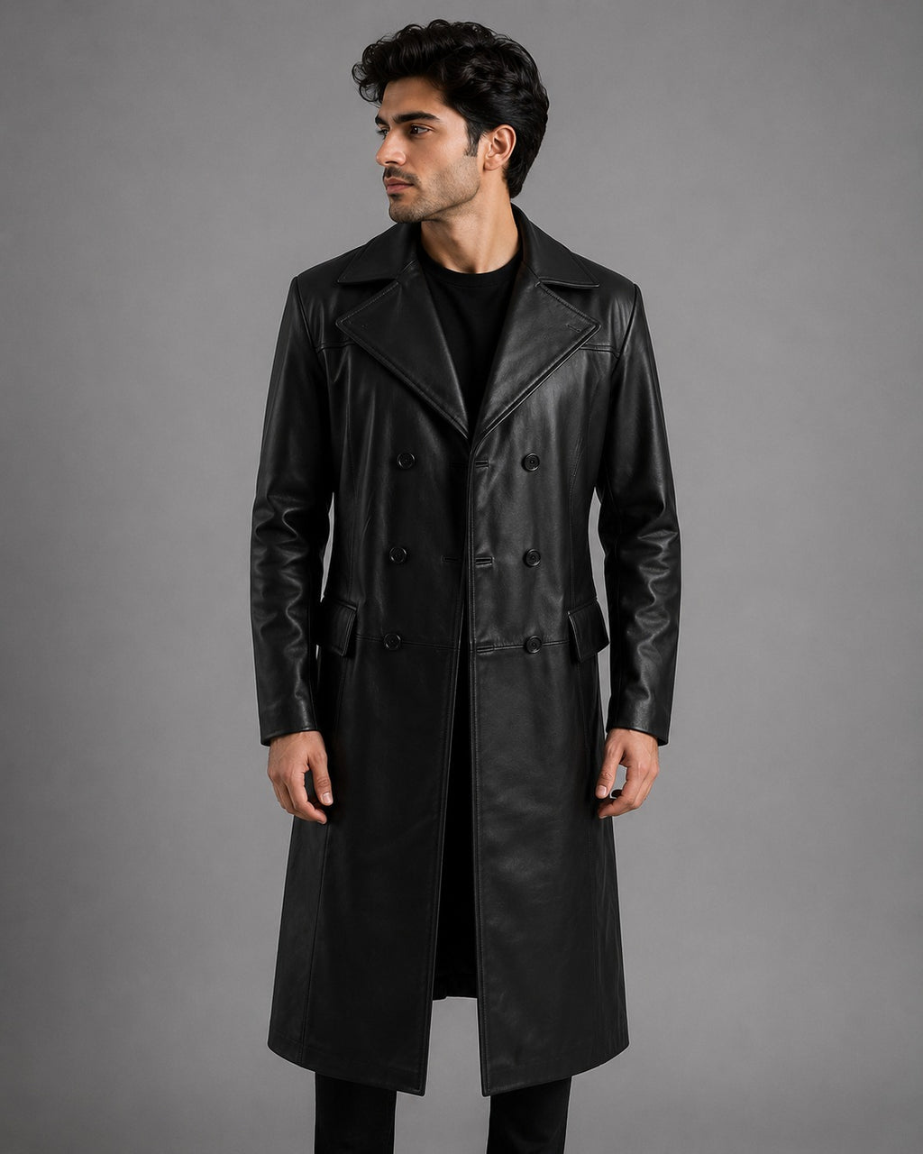 Black Leather Double Breasted Coat