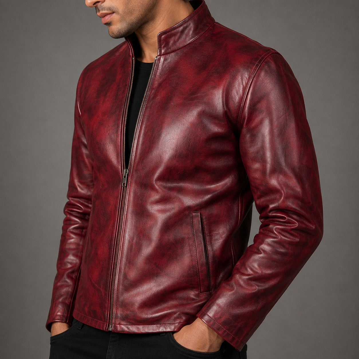 Distressed Burgundy Leather Jacket