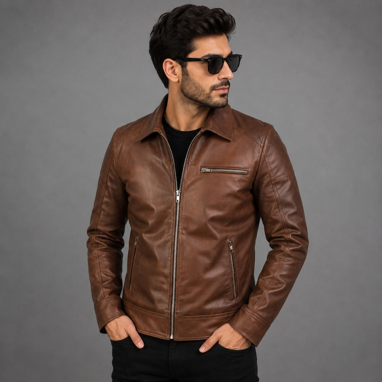 Brown Shirt Collar Vintage Leather Jacket