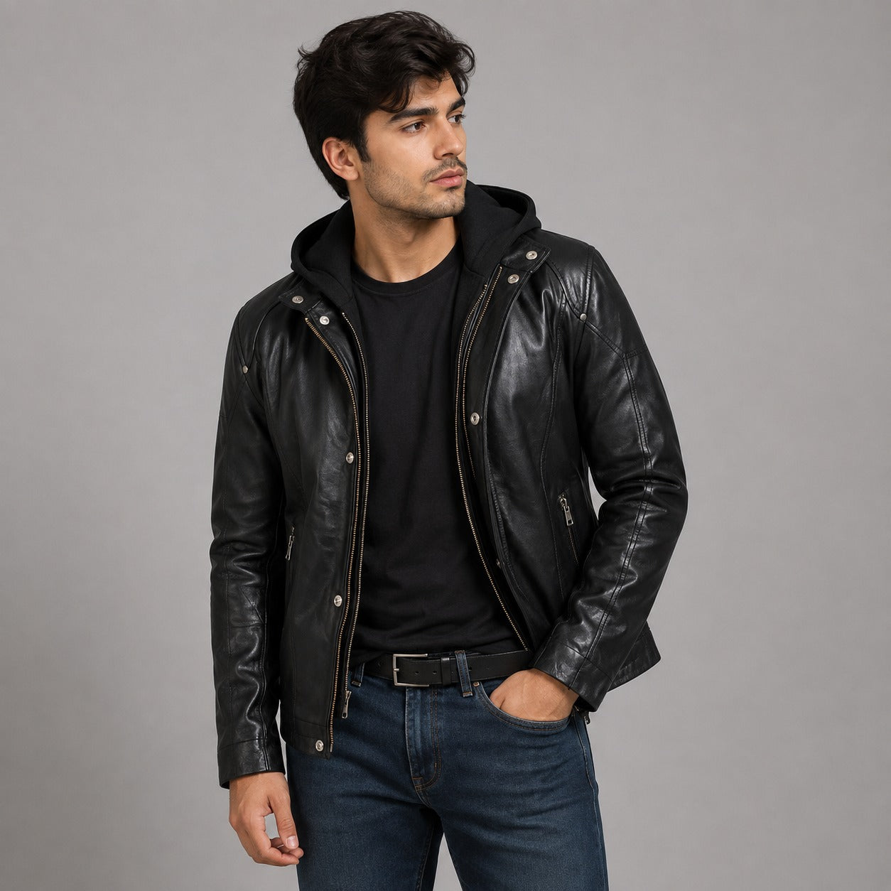 Black Hooded Leather Jacket