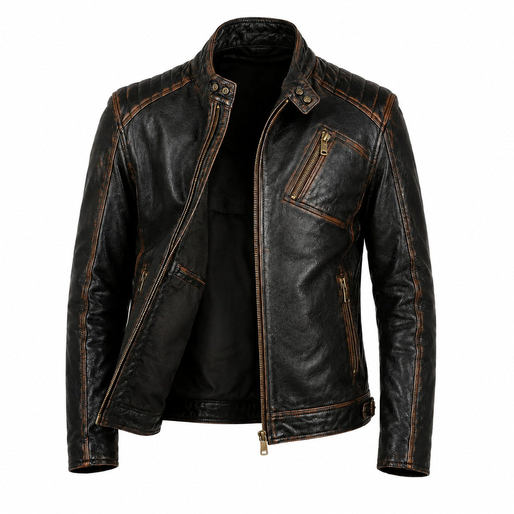 Durham Waxed | Men's Black Leather Biker Jacket with Brown Accents