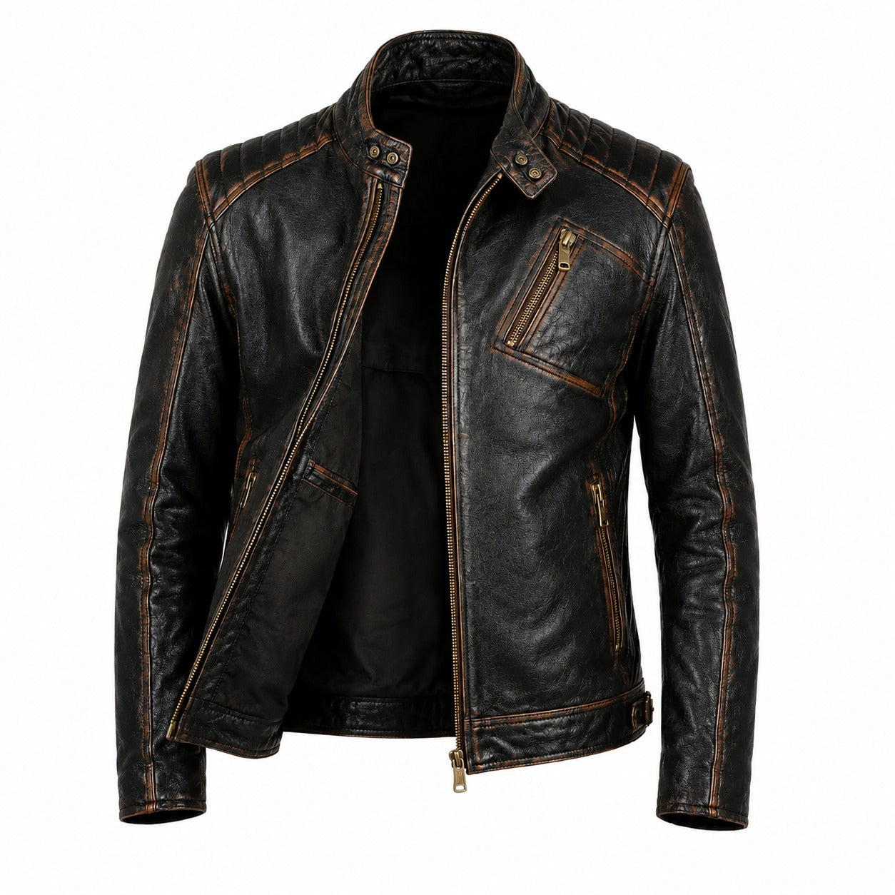 Durham Waxed | Men's Black Leather Biker Jacket with Brown Accents