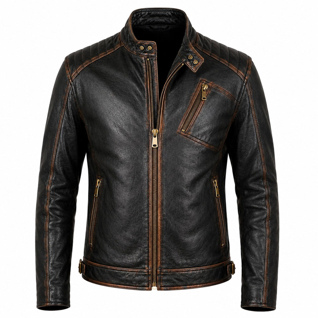 Durham Waxed | Men's Black Leather Biker Jacket with Brown Accents