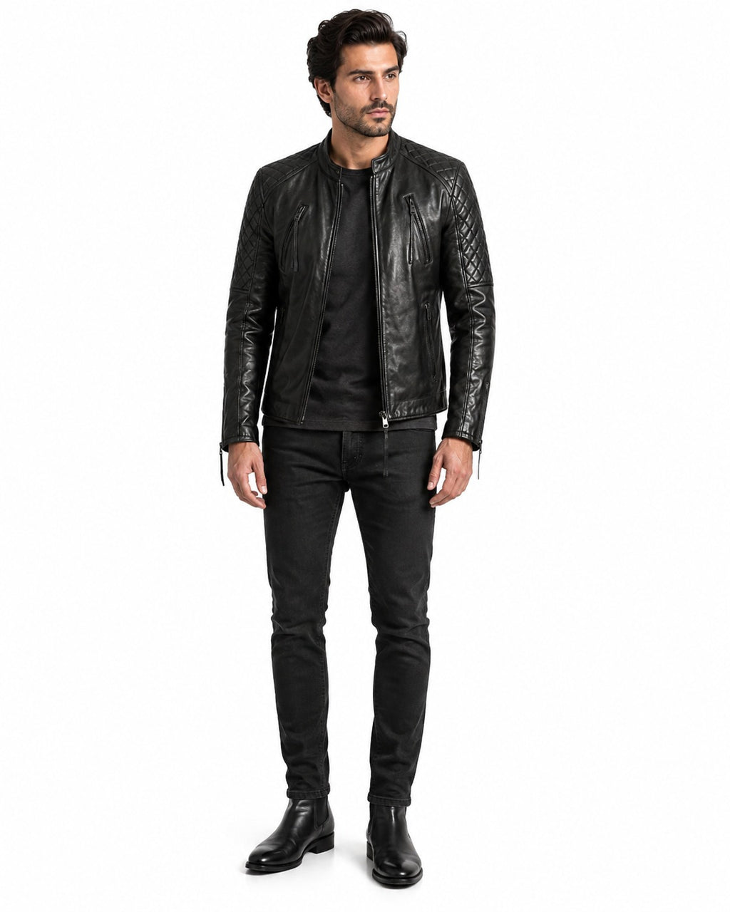 Nightfall | Men's Diamond Quilted Black Leather Biker Jacket