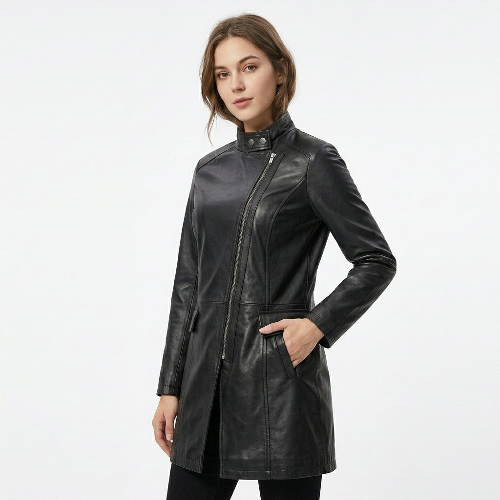 Women Classic Leather Long Coat – WLC03