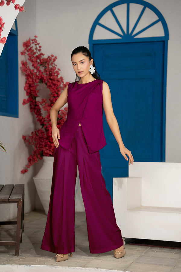 Front view of Auberglen Cross-Panel Co-Ord Set in dark purple with crossover front sleeveless top and wide-leg pants