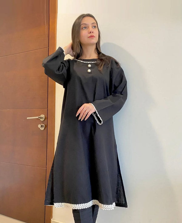 Elegant Jet Black Cotton Embellished Shirt 1 Piece