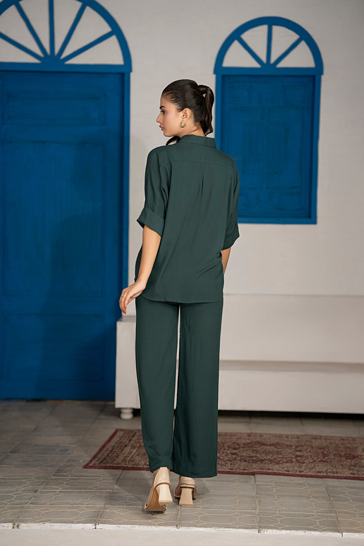 Back view of Emerise Co-Ord Set showcasing emerald green lightweight fabric and relaxed fit