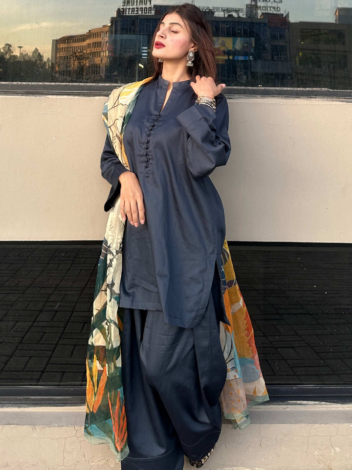 2 Piece Cotton Satin Co- Ord Set with Farshi Shalwar