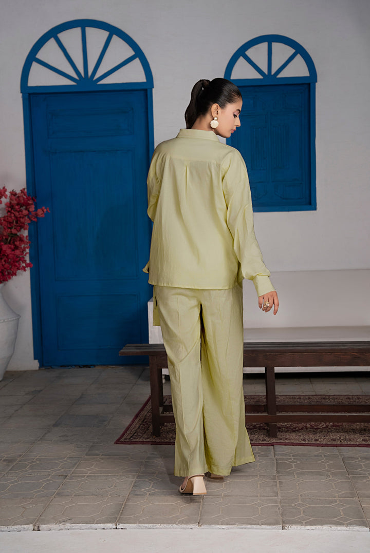 Back view of Oliveux Co-Ord Set highlighting collar, cuffed sleeves and soft structured fabric